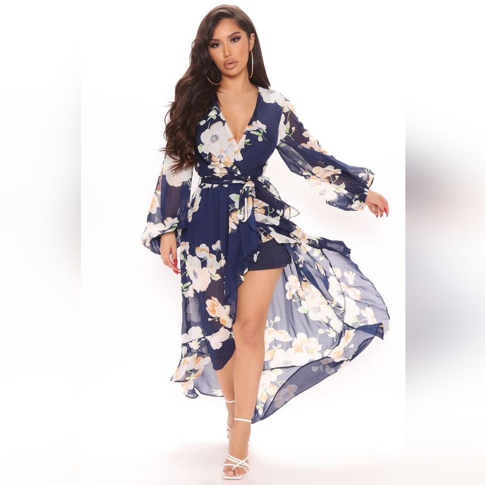 Floral Fever Midi Sheer Balloon Sleeves Asymmetrical Dress (1X)
